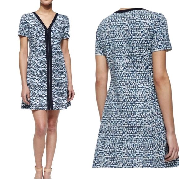 Tory Burch Geometric Print Zip Front Ponte Dress Blue Stretch xs designer spring - Picture 1 of 9